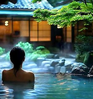 a woman sitting in a swimming pool with a waterfall