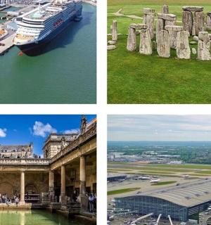 a collage of photos with a cruise ship and a city