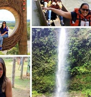 a collage of photos of a woman sitting in a swing