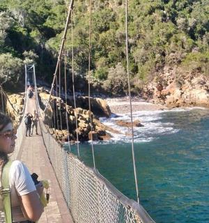 a woman standing on a suspension bridge over the water