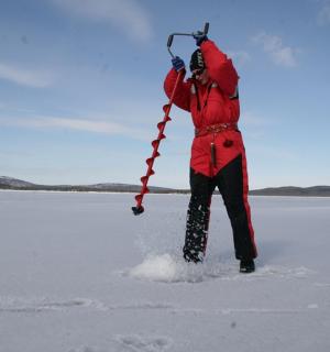 a person is walking in the snow with a pole