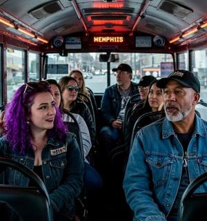 a group of people sitting on a bus