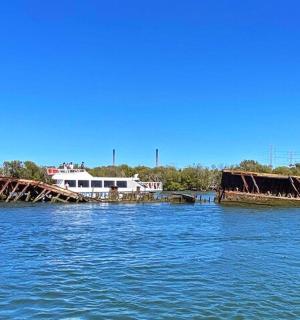 an old rusty bridge in the middle of the water