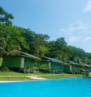 一排绿色的房子和一个蓝色的游泳池