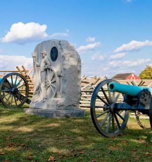 a statue of two cannons sitting next to a fence