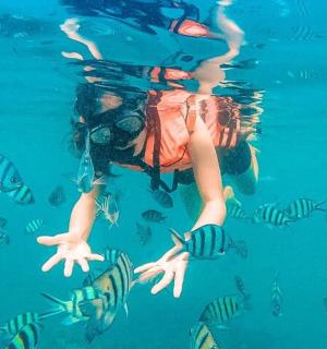 a woman in the water looking at fish