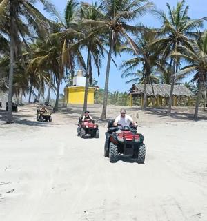 two people riding atvs on a beach with palm trees