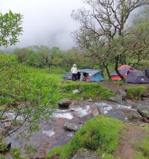 osoba stojící vedle stanů u potoka