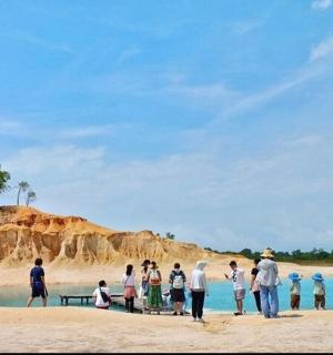 a group of people standing on a beach