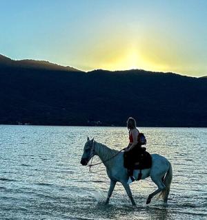 a person riding a horse through the water