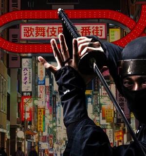 a person wearing a blackmask standing in a city