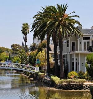 a bridge over a river with houses and palm trees