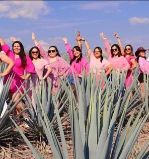 一群穿着粉色衬衫的女人摆姿势拍照