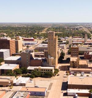 an aerial view of a city with buildings