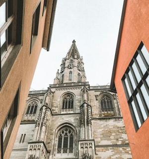 远处有一座塔楼的古老教堂