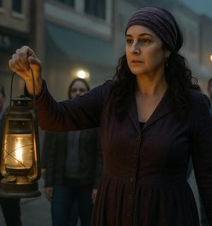 a woman holding a lantern in front of a group of people