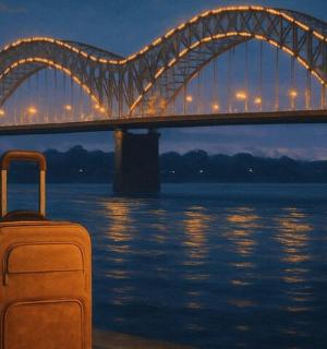 a suitcase is sitting in front of a bridge