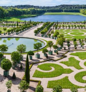 an aerial view of a garden with a lake
