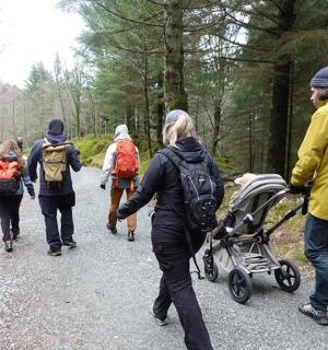 一群人推着婴儿车沿着小路行走