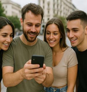a group of people looking at a cell phone