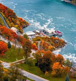 an island in the water next to a river