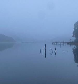 ein nebliger See mit einem Steg in der Mitte
