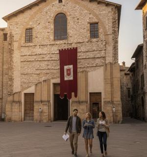 两个人走在建筑物前的街道上