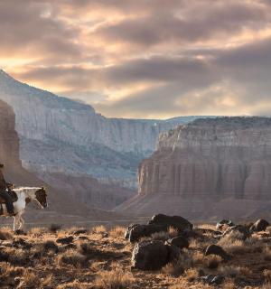 ein Mann reitet auf einem Pferd durch eine Schlucht