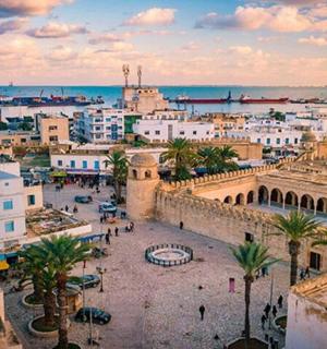 a city with buildings and palm trees and the ocean
