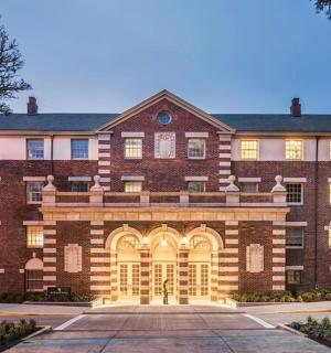 an exterior view of a large brick building
