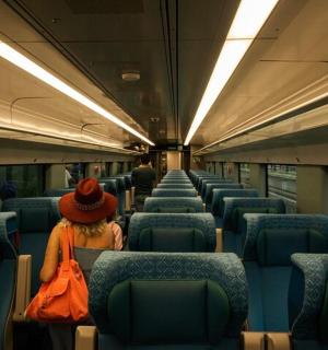 a woman is sitting on a subway train