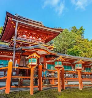 a building with orange pillars in front of it