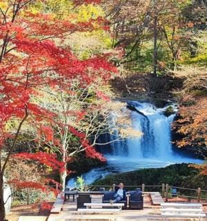 a man sitting on a bench in front of a waterfall