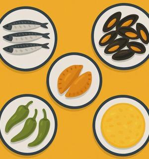 čtyři talíře s různými jídly na žlutém pozadí