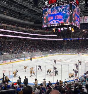 eine Menschenmenge, die in einer Arena ein Hockeyspiel anschaut
