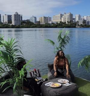 a man is sitting on an inflatable