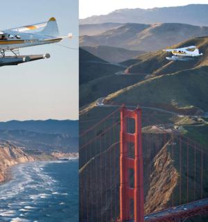 两张飞机飞越金门大桥的照片