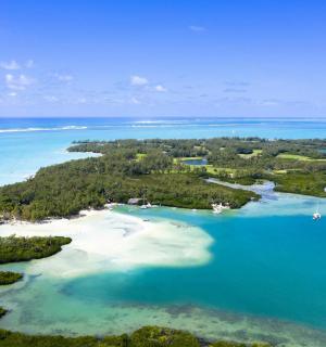 an aerial view of an island in the ocean