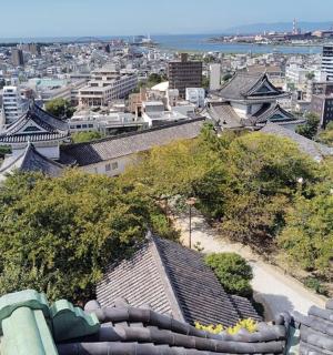 an overhead view of a city with buildings and trees