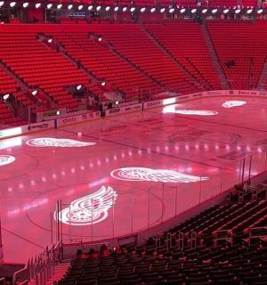 eine leere Arena mit einem auf die Eisbahn gemalten Hockeyteam