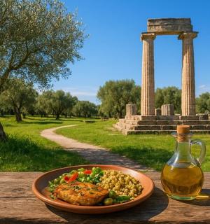 a bowl of food on a table with a bottle of wine