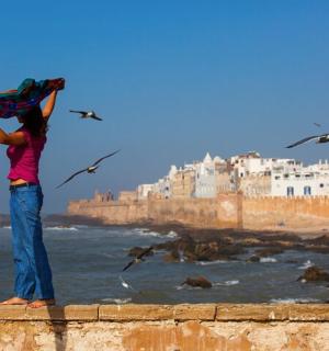 a woman standing on a wall holding a kite