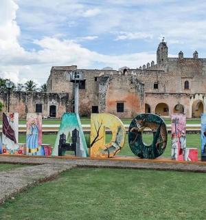 a castle with a bunch of signs in front of it