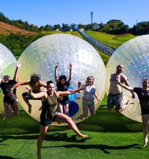 a group of people jumping in inflatable balls on the grass