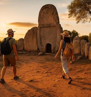一男一女走在土路上