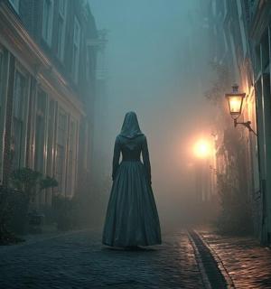 a woman in a long dress walking down a street