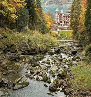 一条有岩石的河流和一栋建筑的背景