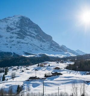 a snow covered slope with a mountain in the background