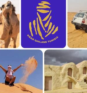 koláž z obrázků pouště se ženou a velbloudem