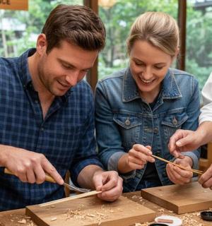 a group of people working on a piece of wood